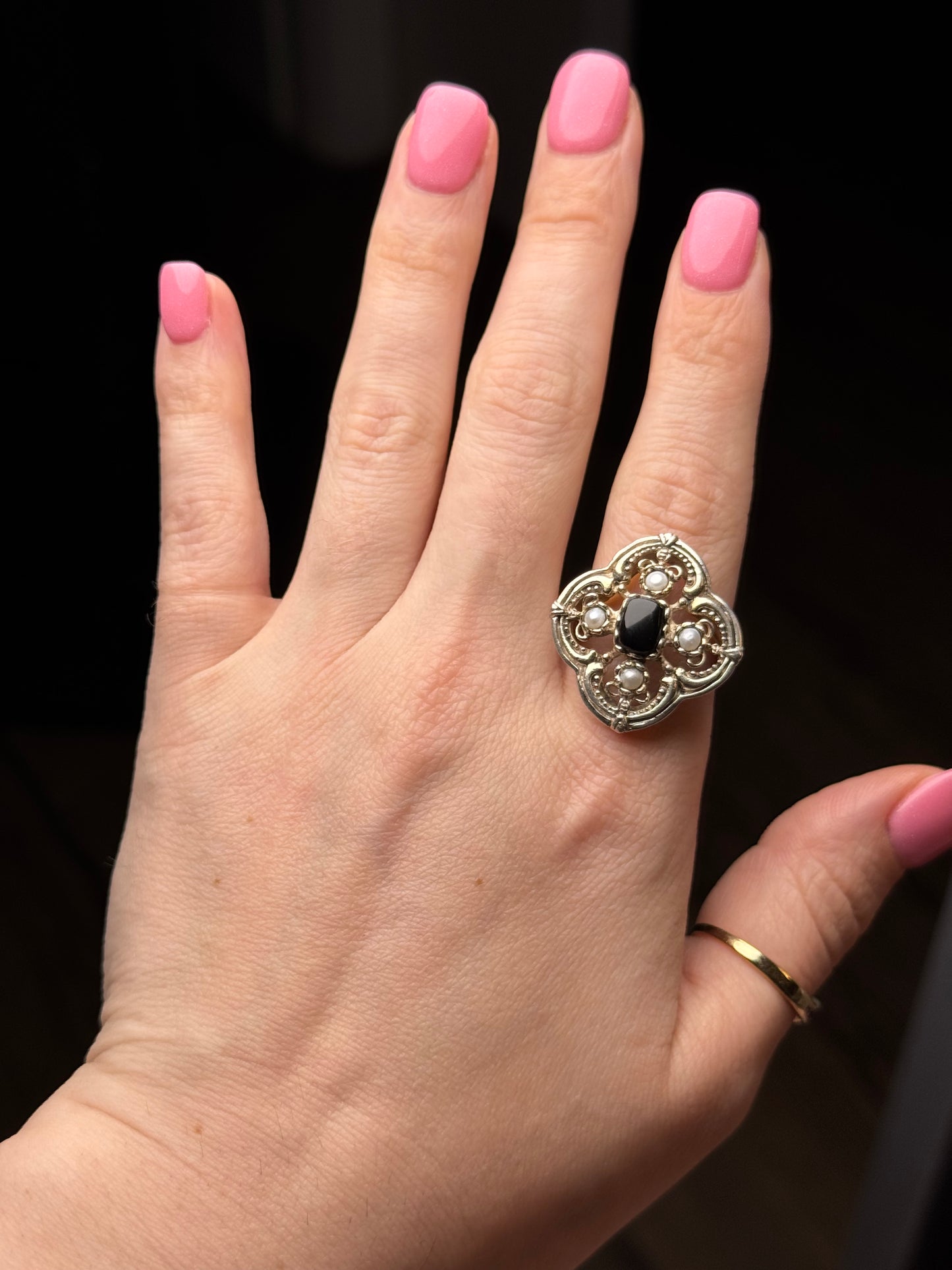 Sterling onyx pearl ring - size 9