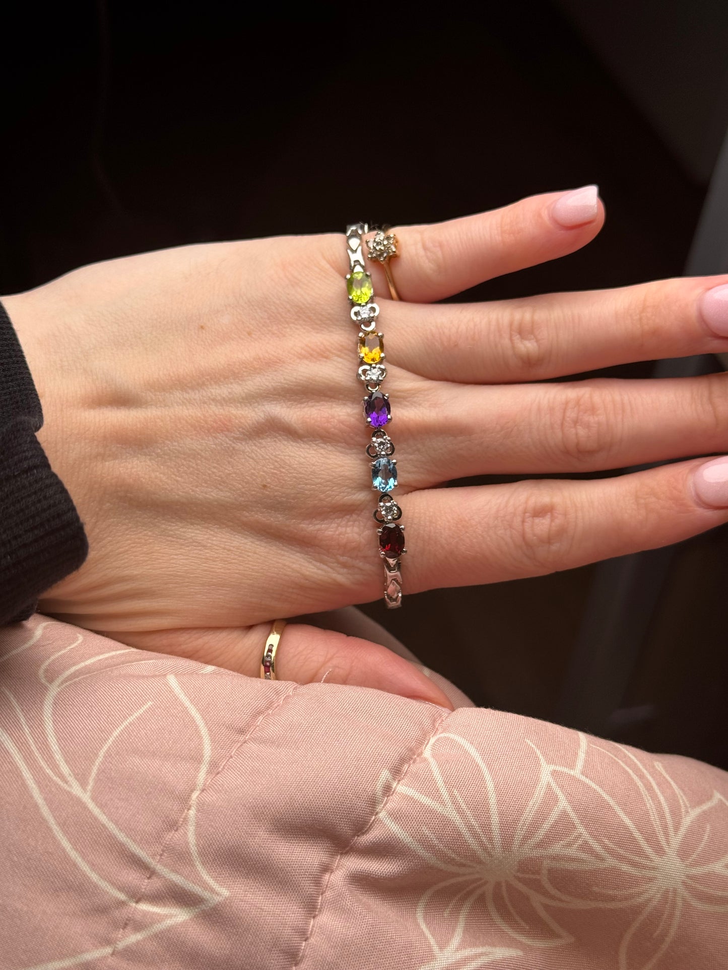 Sterling bracelet - peridot, citrine, amethyst, topaz and garnet - size 6.75