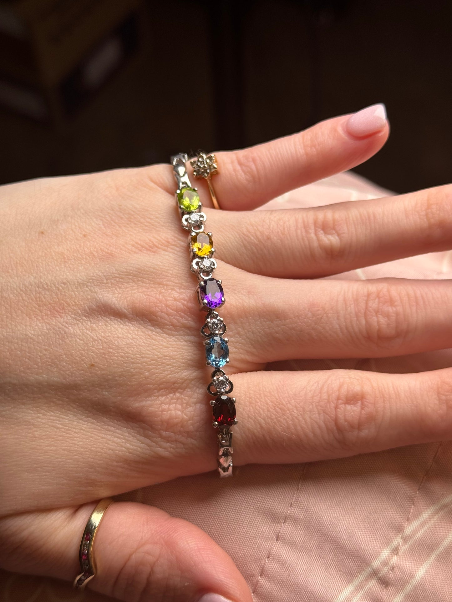 Sterling bracelet - peridot, citrine, amethyst, topaz and garnet - size 6.75