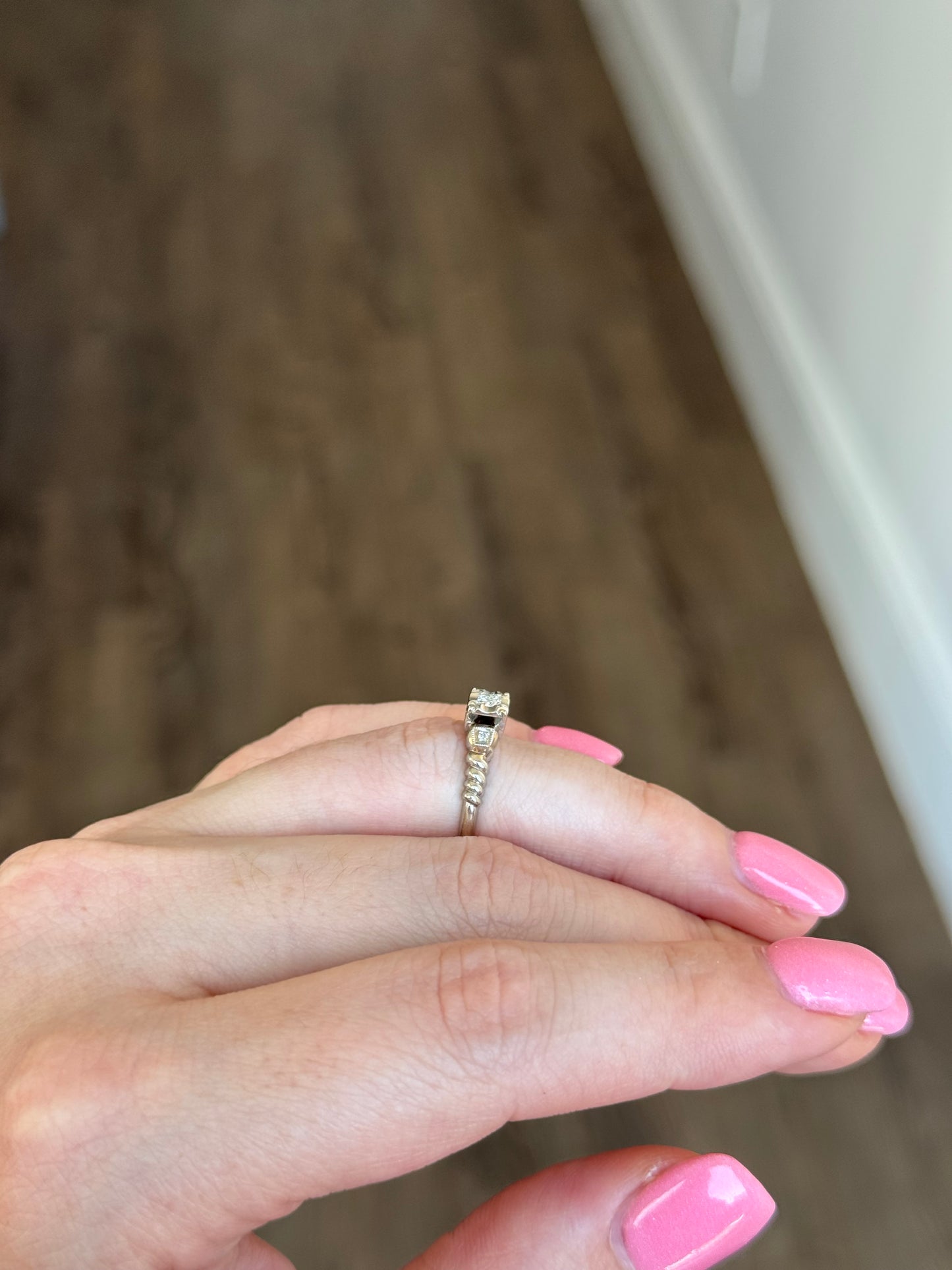 18k white gold 1940s Art Deco ring, signed David Karp & Co. Size 5-1/2