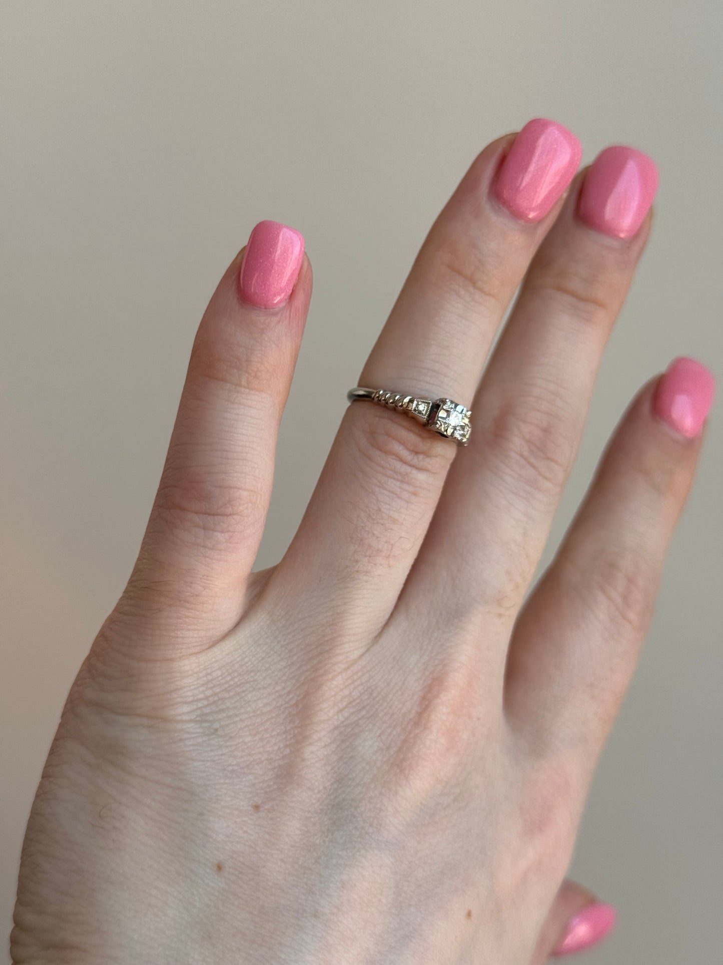 18k white gold 1940s Art Deco ring, signed David Karp & Co. Size 5-1/2