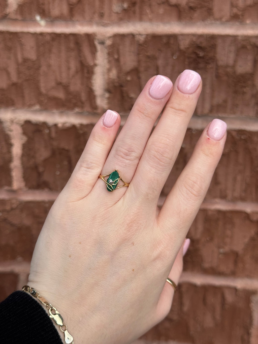 10K Gold Malachite & Diamond Ring – Size 7.5