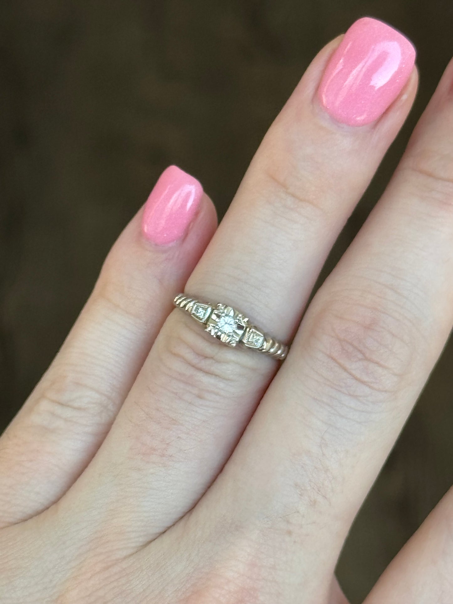 18k white gold 1940s Art Deco ring, signed David Karp & Co. Size 5-1/2